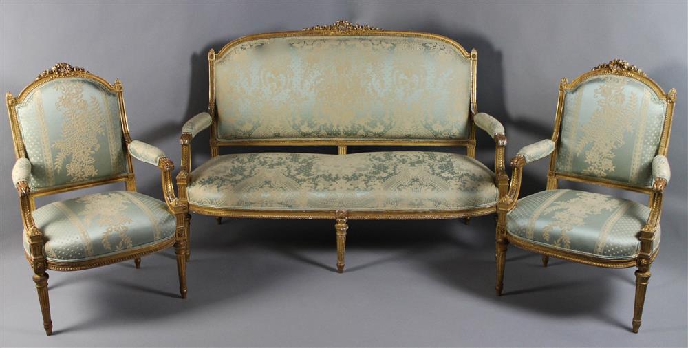 Appraisal: THREE PIECE LOUIS XVI STYLE CARVED AND GILDED PARLOUR SUITE