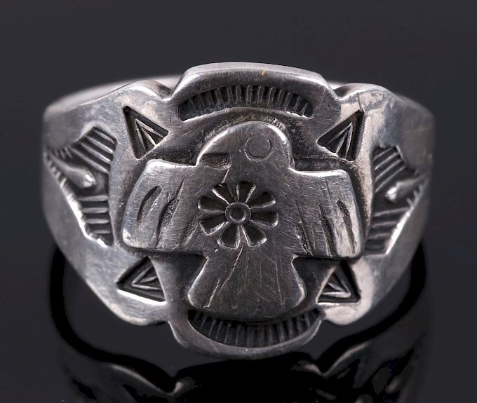 Appraisal: Navajo Fred Harvey Thunderbird Silver Ring For your bidding pleasure