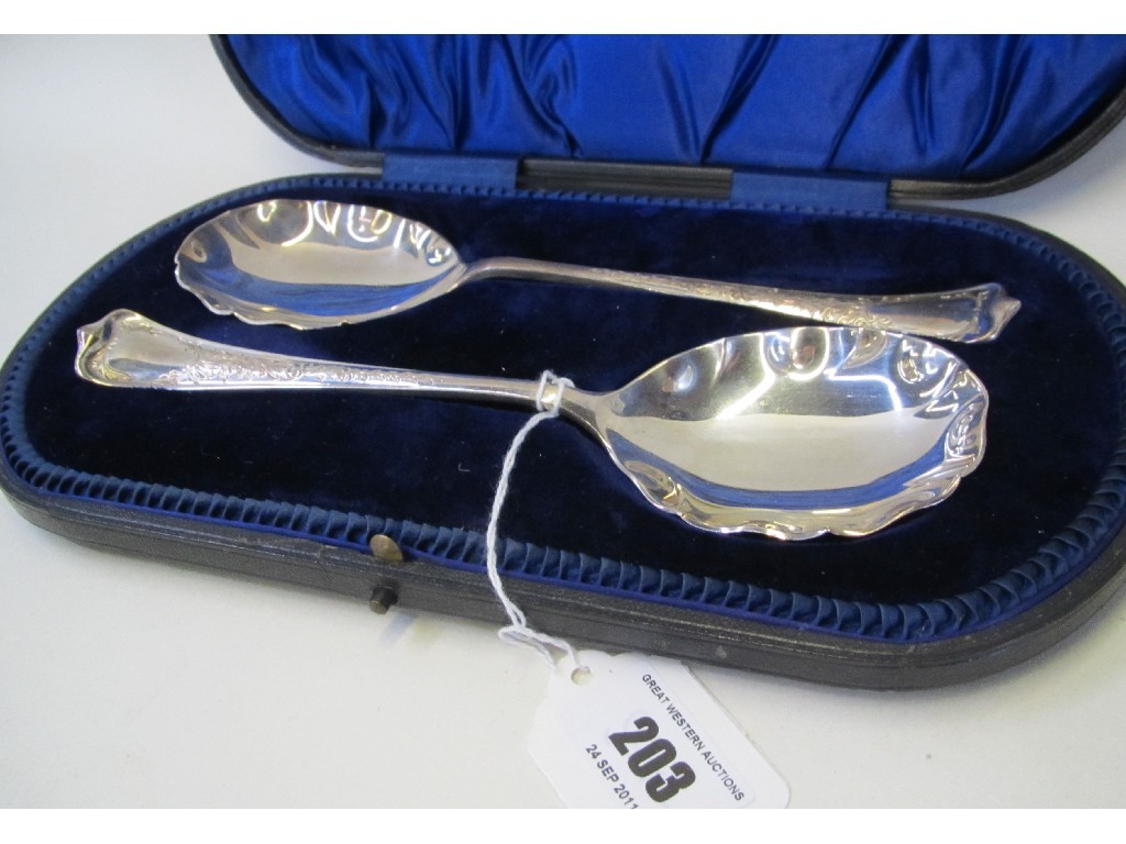 Appraisal: Cased pair of silver serving spoons Sheffield