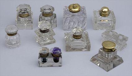 Appraisal: GROUP OF TEN ENGLISH BRASS-MOUNTED CUT-GLASS INKWELLS Variously of block