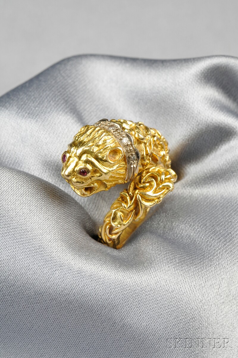 Appraisal: kt Gold Ruby and Diamond Lion's Head Ring Lalaounis set