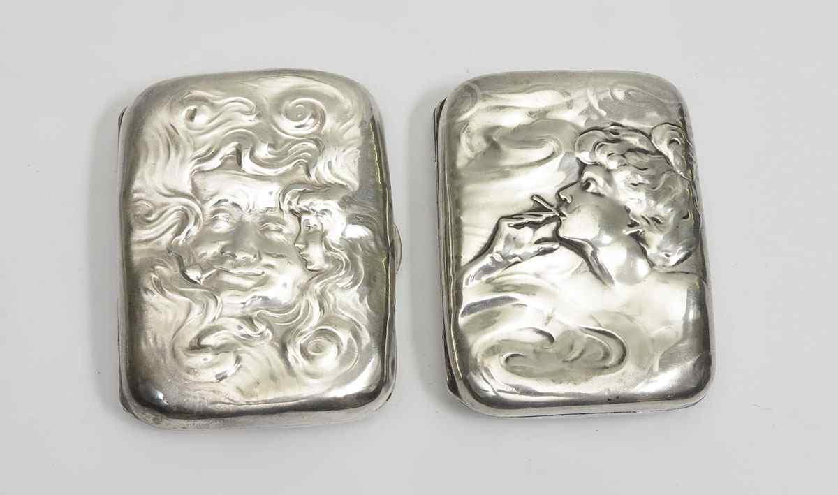 Appraisal: ART NOUVEAU STERLING SILVER CIGARETTE CASES To include Smoking man