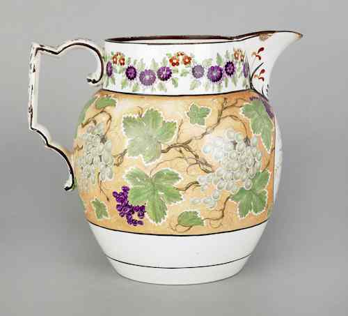 Appraisal: Large pearlware pitcher inscribed Benji Brentnall Sherrall Hall with grapevine