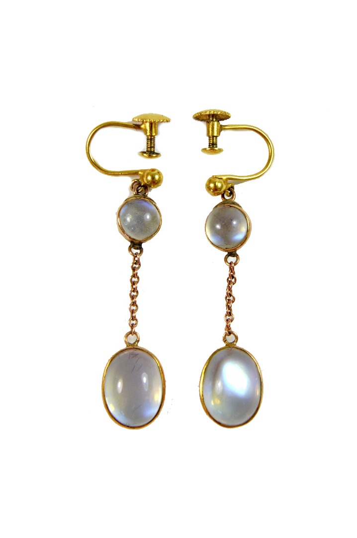 Appraisal: A pair of gold and cabochon moonstone pendant earrings screw