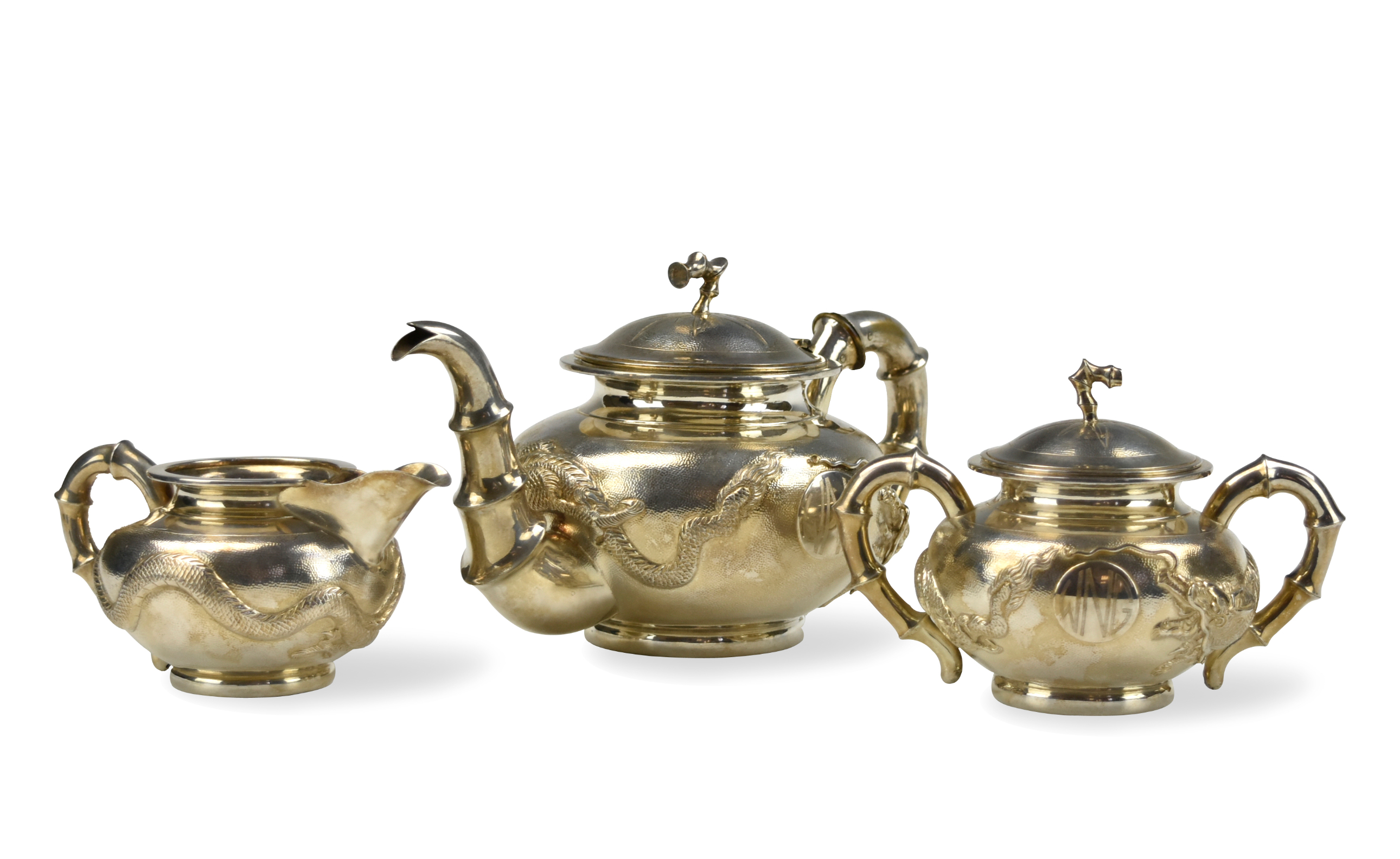 Appraisal: Chinese th C Chinese export three sterling silver teapots and