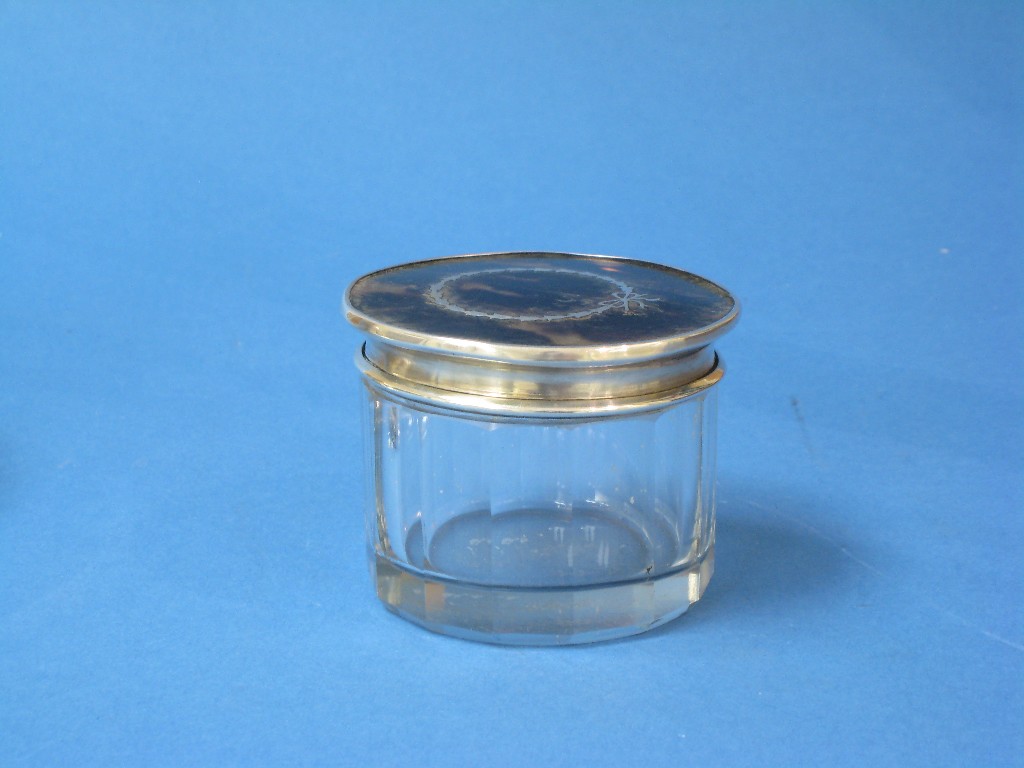 Appraisal: A silver and tortoiseshell lidded cylindrical glass Dressing Table Jar