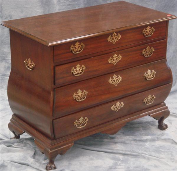 Appraisal: Baker mahogany bombe Chippendale style drawer bureau w h d