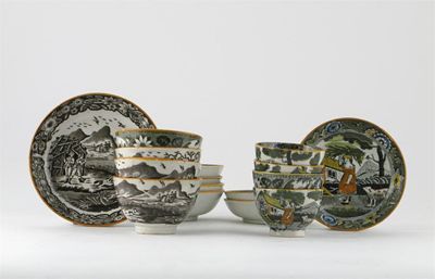 Appraisal: Eight Prattware teabowls and eight saucers printed with scenes of