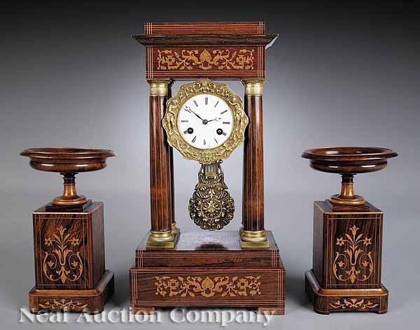 Appraisal: An Antique Continental Rosewood Marquetry and Gilt Bronze Mantel Garniture