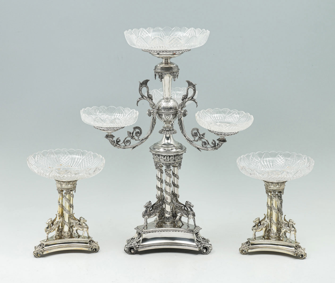 Appraisal: ASTOUNDING HORACE WOODWARD WINGED HORSE MOTIF EPERGNE AND TAZZAS Comprising