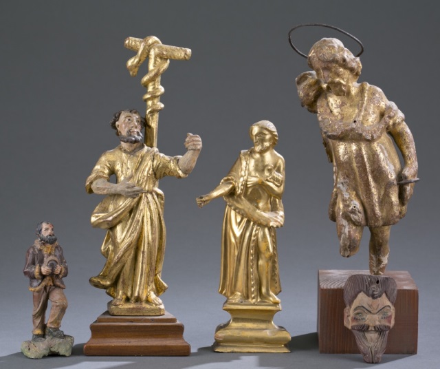 Appraisal: Assortment of Five Santos Figures Including a wooden and gilt