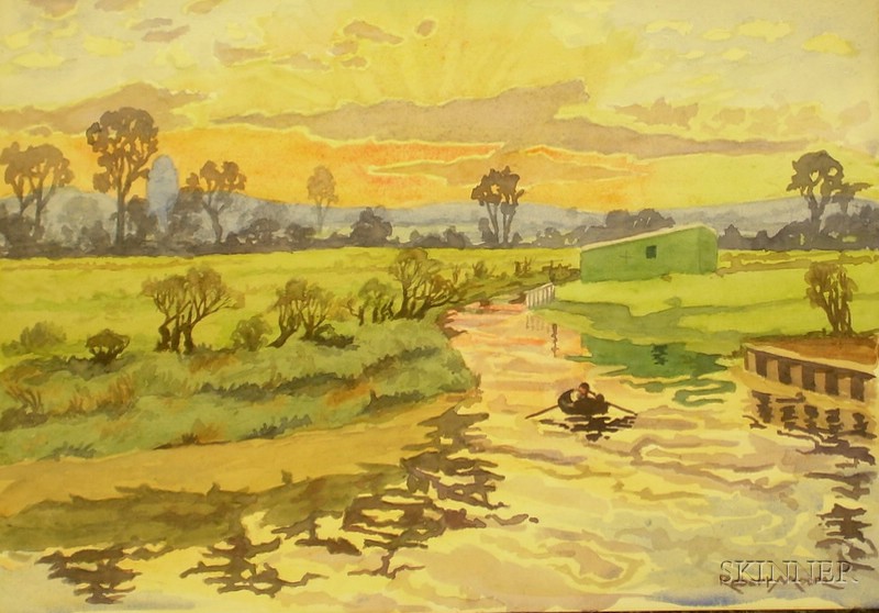 Appraisal: Unframed Watercolor on Paper River Landscape with Rower inscribed Robert