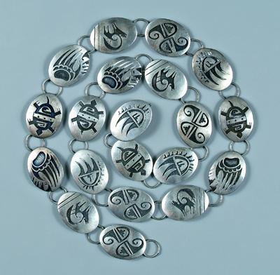 Appraisal: Hopi silver overlay belt oval medallions overlaid depicting various animals