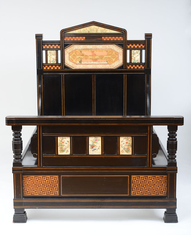 Appraisal: HERTER BROTHERS AESTHETIC MOVEMENT JAPONESQUE BED Ebonized cherry veneer marquetry