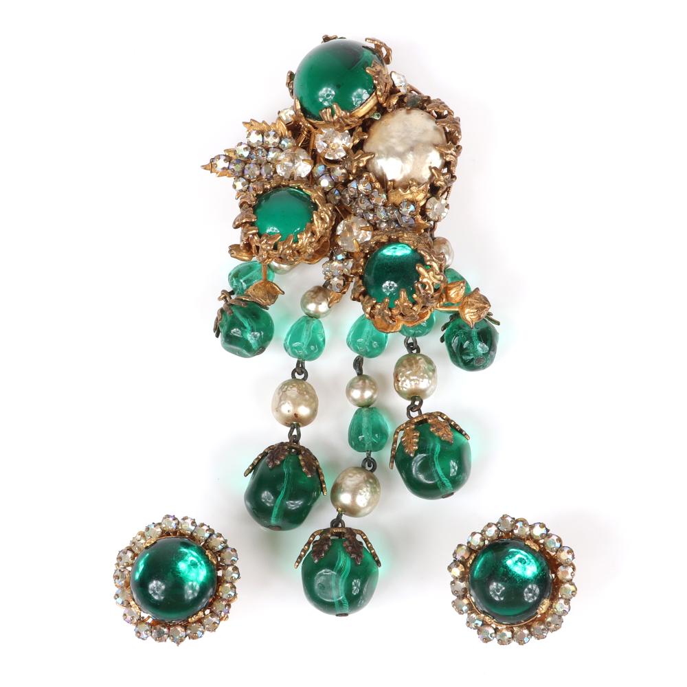 Appraisal: MIRIAM HASKELL GREEN CZECH GLASS AND CABOCHON DANGLING BROOCH AND