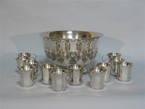 Appraisal: ITALIAN SILVER PLATED PUNCH BOWL AND CUPS The bowl of