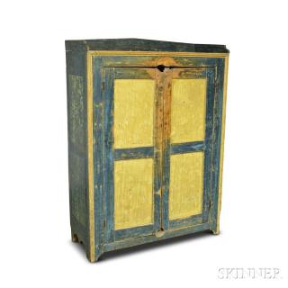 Appraisal: Blue-painted Pine Paneled Cupboard th century ht wd dp in