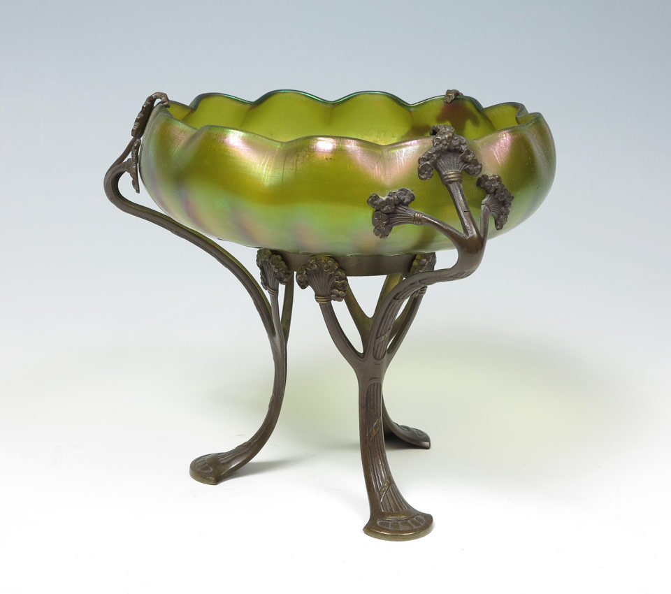 Appraisal: ATTRIBUTED LOETZ METAL MOUNTED ART GLASS CONSOLE BOWL Attributed to