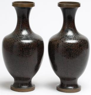 Appraisal: Pair of Vintage Chinese Black Cloisonne Vases Inset with foliates