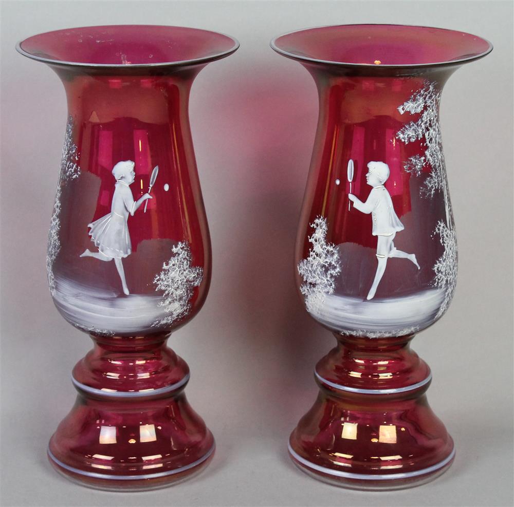 Appraisal: PAIR OF MARY GREGORY STYLE GLASS VASES of waisted trumpet