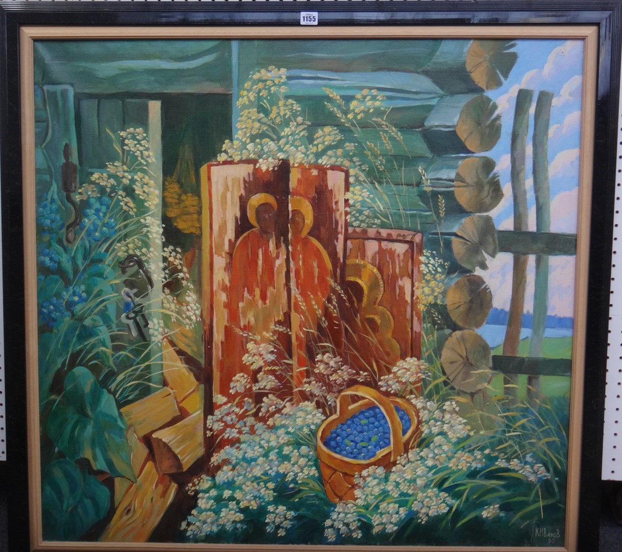 Appraisal: K M Bahob th century Garden scene with basket of