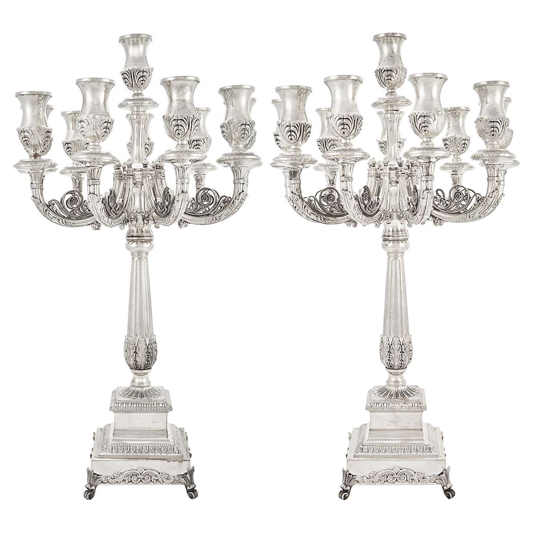 Appraisal: Pair of Continental Silver Ten-Light Candelabra and Four Candlesticks en