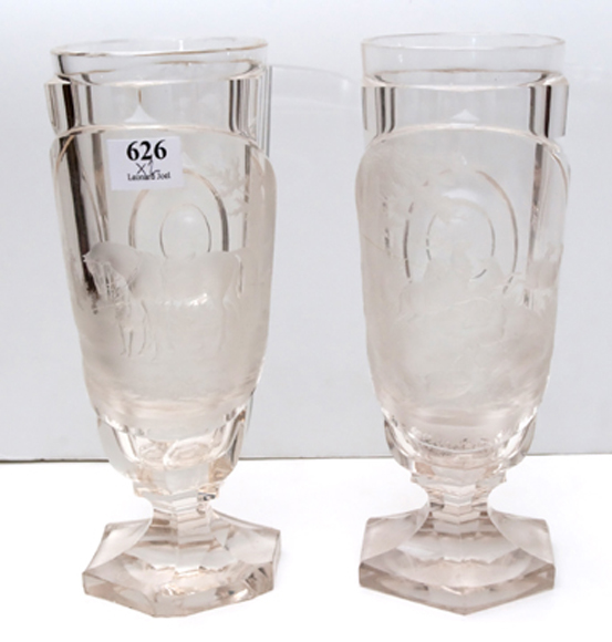 Appraisal: A PAIR OF TH CENTURY BOHEMIAN ETCHED GLASS GOBLETS Cylindrical