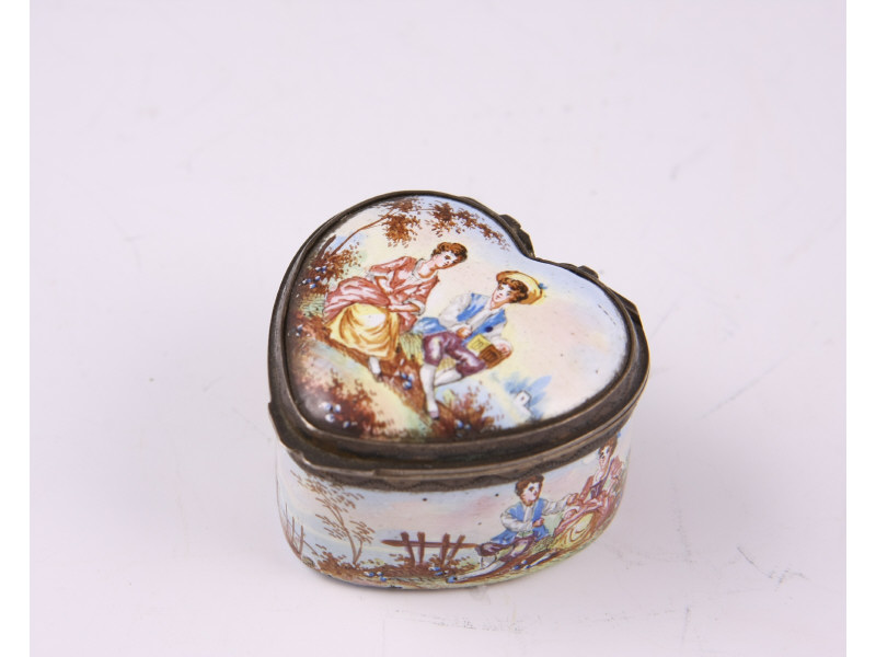 Appraisal: Painted Enamel Heart Shaped Patchbox ca French or English with