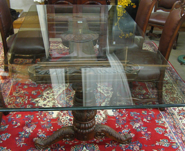 Appraisal: GLASS-TOPPED MAHOGANY AND WROUGHT IRON DINING TABLE having a rectangular