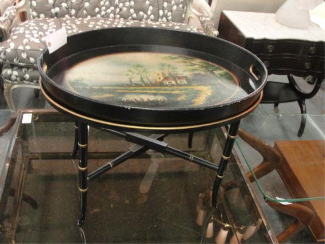 Appraisal: Black Lacquer Decorated Tray Top Table From a Greenwich area