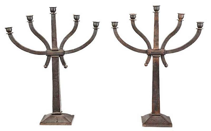 Appraisal: Pair Arts Crafts Hand Forged Candelabras probably American early th