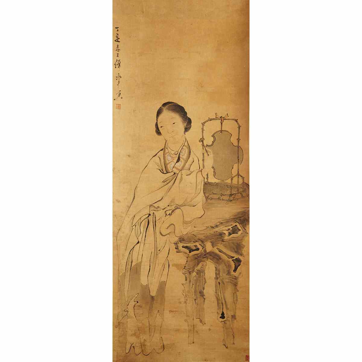 Appraisal: Chinese School LADY PLAYING AN INSTRUMENT Ink and colour on