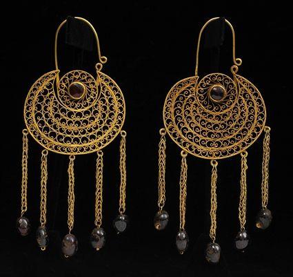 Appraisal: PAIR OF ISLAMIC FILIGREE GOLD EARRINGS WITH GARNET DROPS x