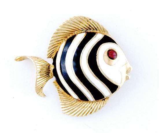 Appraisal: Cartier enamel and gold fish brooch striped black and white