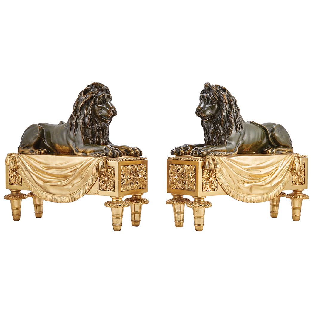 Appraisal: Pair of Louis XVI Style Gilt-Metal and Patinated-Bronze Chenets After