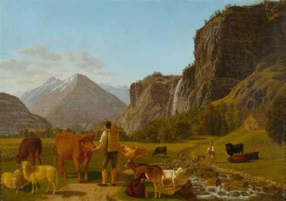 Appraisal: BIEDERMANN EMANUEL RUDOLF Konstanz - Thurgau Herdsman with animals near