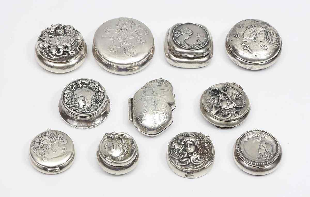 Appraisal: COLLECTION OF ART NOUVEAU STERLING PUFF BOXES To include Extraordinary