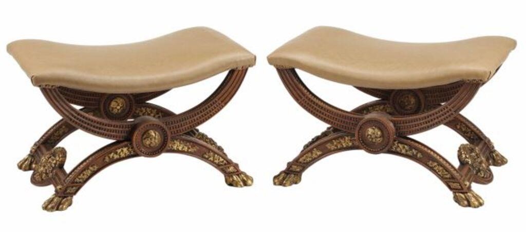 Appraisal: LEATHER UPHOLSTERED CURULE BENCHES pair Neoclassical style leather upholstered benches