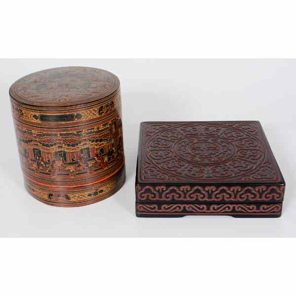 Appraisal: Asian Boxes Asian A Chinese carved wooden condiment tray in