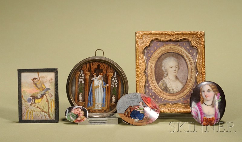 Appraisal: Six Miniature Pictures two oval hand-painted porcelain plaques one depicting