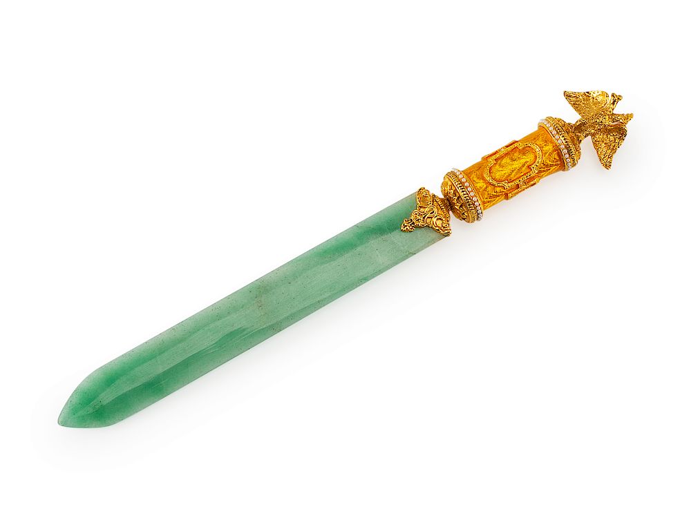 Appraisal: A Russian Enameled Gilt Metal and Jadeite Paper Knife A