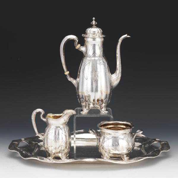 Appraisal: GORHAM MARTELE FINE FOUR-PIECE STERLING HAND CHASED COFFEE SERVICE CHASER