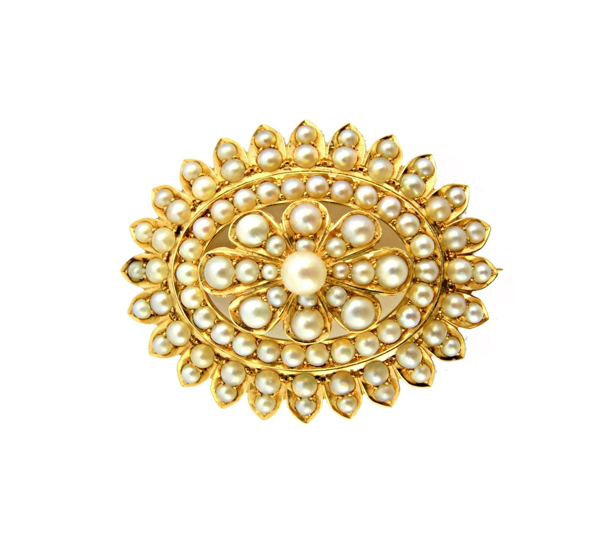 Appraisal: A gold and half pearl set oval brooch with an