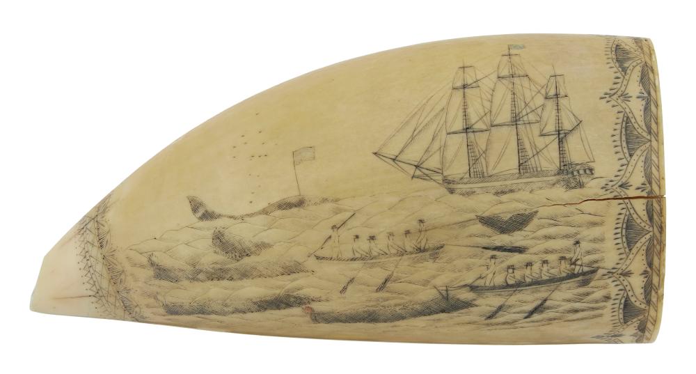 Appraisal: BANKNOTE ENGRAVER SCRIMSHAW WHALE'S TOOTH WITH WHALING SCENE MID- TH