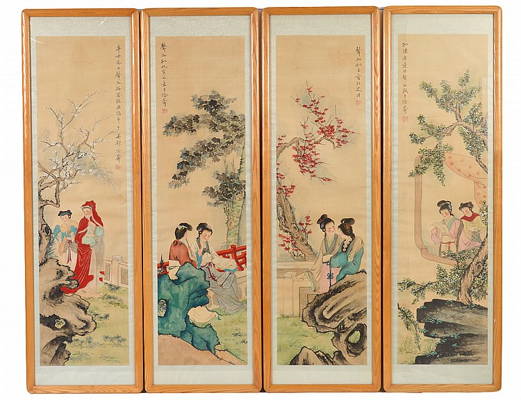 Appraisal: SET OF FOUR CHINESE PAINTINGS ON SILKProbably Signed with a