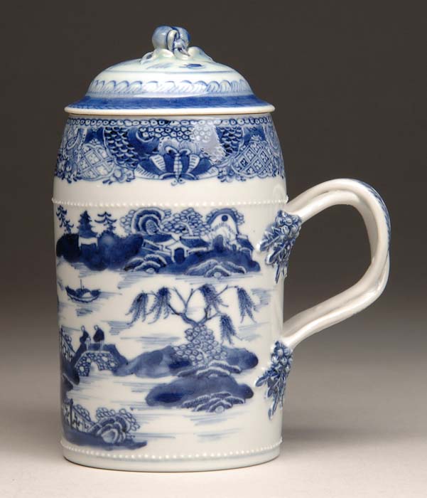 Appraisal: BLUE AND WHITE CANTON STRAP HANDLED MUG Slightly tapered rim