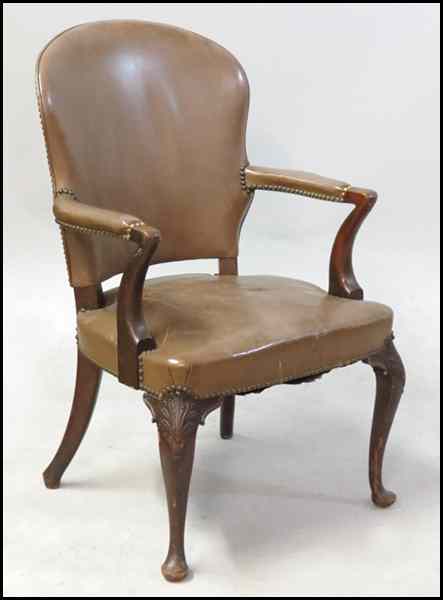 Appraisal: GEORGIAN CARVED MAHOGANY OPEN ARMCHAIR With nailhead trim Back Height