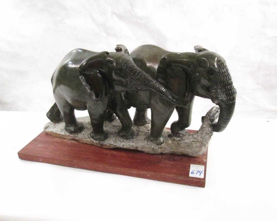 Appraisal: AFRICAN SHONA STONE WILDLIFE SCULPTURE Zimbabwe two African elephants of