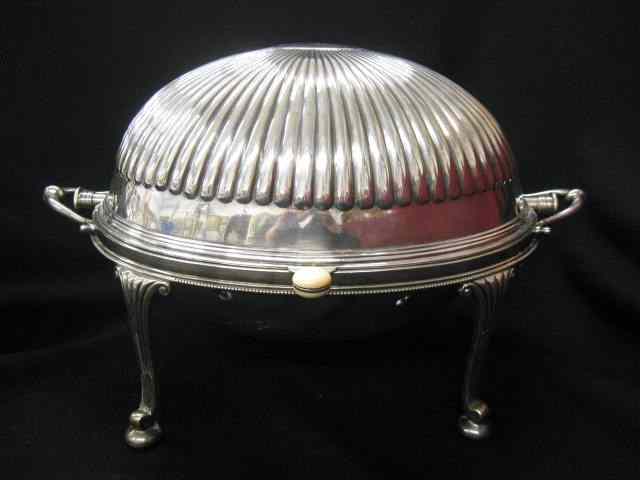 Appraisal: English Silverplate Breakfast Warmer ribbeddesign footed dome top '' x