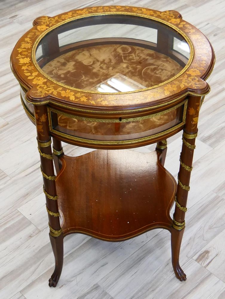 Appraisal: MID CENTURY MARQUETRY GILT BRONZE VITRINE TABLE Circa mid th